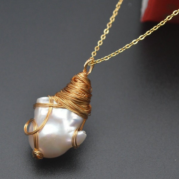 1pc Wire Wrapped Natual White Baroque Pearl Pendant Necklace Drop shape Jewerly supplies