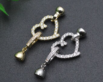 4pc CZ Beads Paved Heart Shape Necklace Bracelet Charm Clasps Connector Jewelry Findings