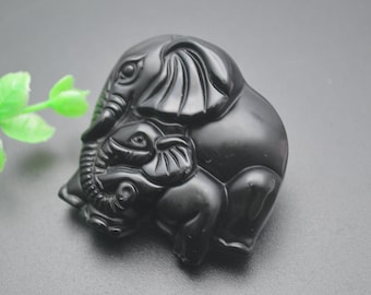 Natural Black Obsidian Carved Mother Baby Elephant Stone Maternal Love Pendant