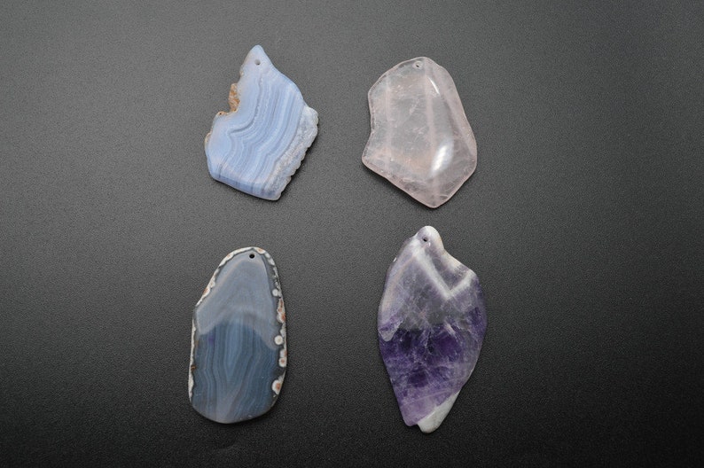 Rose Quartz Amethyst Gray Agate Blue Lance Agate Natural Semi Precious Stone Freeform Slab Pendant