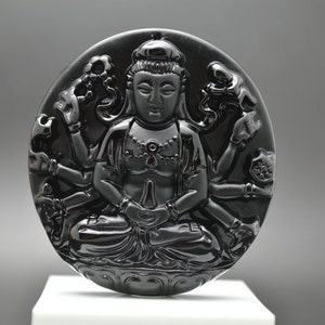 1pc Natural Black Obsidian Stone Thousand Hands Kuanyin Buddha Pendants Fit Buddhist Jewelry making Amulet