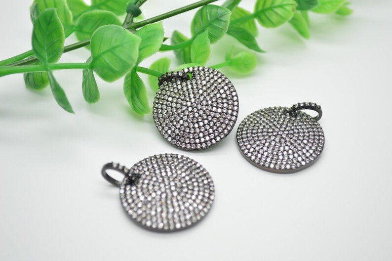3pc Paved Real CZ Zircon Beads 25mm Flat Round Coin Meta Tag Charm Pendants Jewelry Supplies
