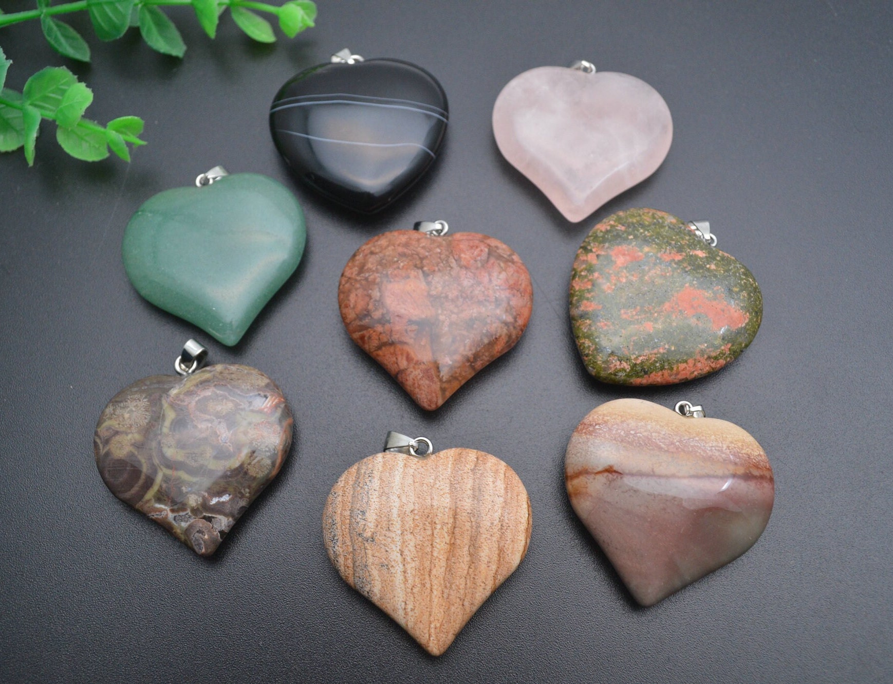 40mm Big Size Natural Gemstone Heart Pendant Rose Quartz Unakite Aventurine Black Agate Jasper Stones