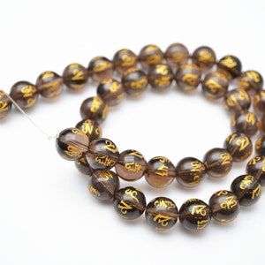 6mm~14mm Natural Smoky Quartz Stone Round Loose Beads Carved Words Om Mani Padme Hum