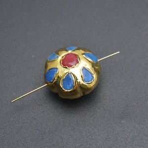 18k Gold Plating Big Size Blue and Ruby Color Stone Paved Flower Beads Jewelry making supplies