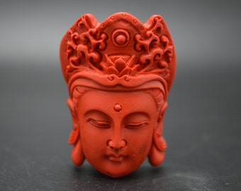 Pure Red Cinnabar Carved Guanyin Buddha Head Stone Pendant Buddhist Jewelry Necklace making Protective talisman / Amulet