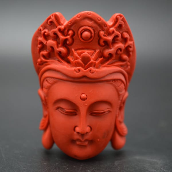 Pure Red Cinnabar Carved Guanyin Buddha Head Stone Pendant Buddhist Jewelry Necklace making Protective talisman / Amulet