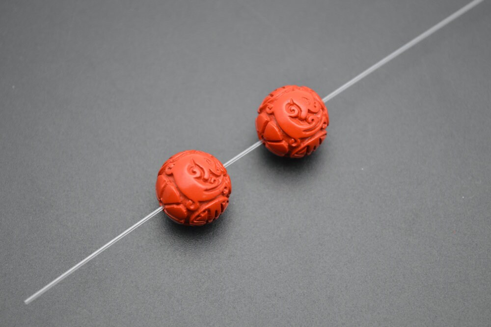 14mm Red Cinnabar Carved Sculpture Round Beads - 10 Pieces