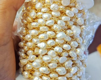 1metre Necklace Chains Natural White Baroque Pearl 6x8mm Beads Gold color Copper Wire Linked Chians Handmade Jewelry Making Supplies