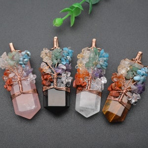 Rose Gold color Wire Wrapped Gemstone Chips Tree of Life Crystal Rose Quartz Black Obsidian Square Spade Pendant