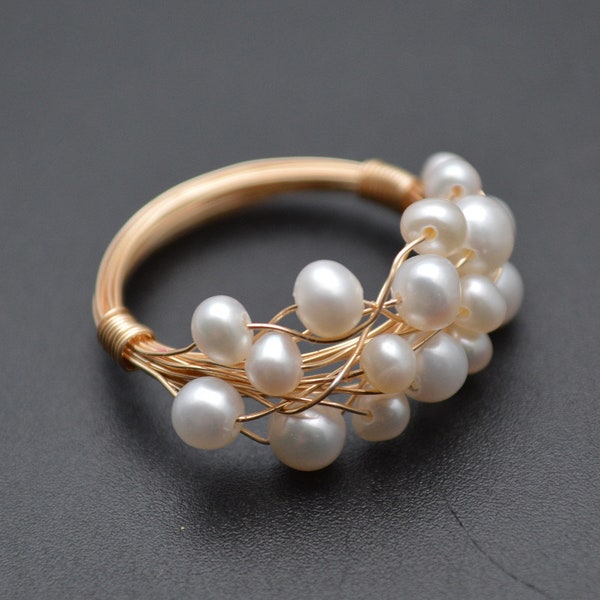 Handmade Rose Gold color Wire Wrapped Natural White Pearl Seed Beads Rings Fashion Woman Jewelry Gift