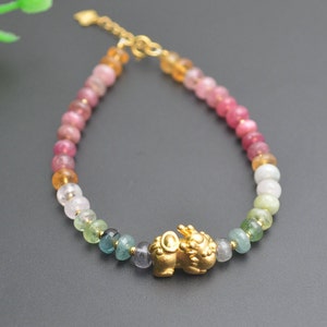 Perles rondes de tourmaline naturelle faite main en argent 925 Bracelet à breloques bébé Pixiu bijoux fins pour femme