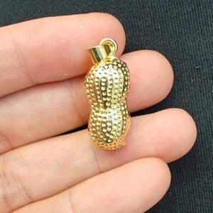 May include: A gold-colored peanut-shaped pendant charm. The pendant has a textured surface and is designed to look like a peanut.