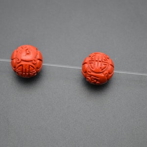 2pc Carved Antique Dragon Red Cinnabar 15mm Round Ball Beads
