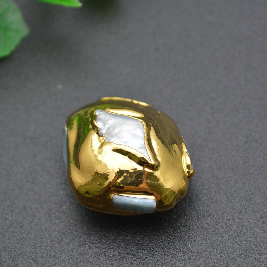 Rhombus Natural White Pearl Beads Paved Gold Plating Oval Nugget Loose Beads