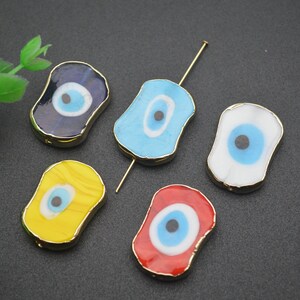 5pc Gold plating Coloured Glaze Evil Eye Flat Oval Jewelry Making Loose Beads