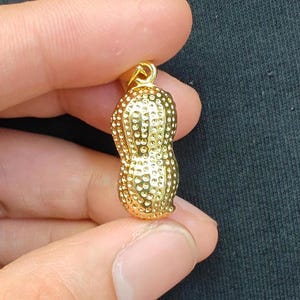 May include: A gold-colored peanut charm pendant. The peanut is textured with small bumps and has a shiny finish.