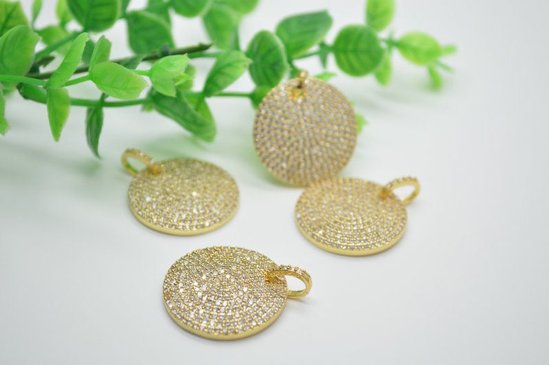 3pc Paved Real CZ Zircon Beads 25mm Flat Round Coin Meta Tag Charm Pendants Jewelry Supplies