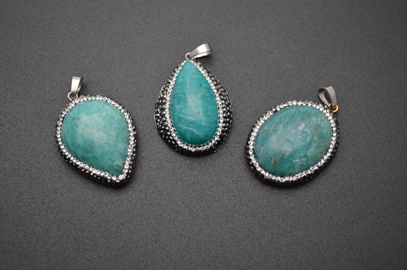 1pc Natural 30~40mm Amazonite Cabochon Stone Pendant Paved Black Crystal beads around Fashion jewelry making materials