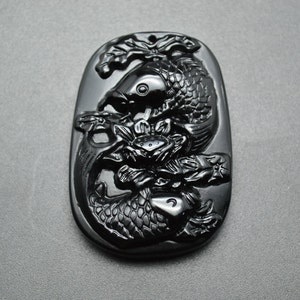Natural Black Obsidian Carved Fish Stone Pendant Beautiful Designs
