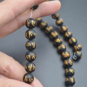 6mm 8mm 10mm Matte Black Onyx Agate Carved Buddhist Mantra Words Stone Round Loose Beads