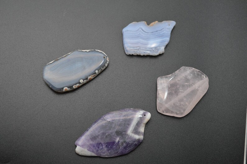 Rose Quartz Amethyst Gray Agate Blue Lance Agate Natural Semi Precious Stone Freeform Slab Pendant