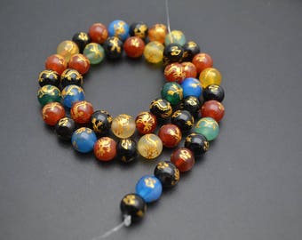 8mm 10mm 12mm 14mm Carved Chinese Dragon Veins Natural Agate Stone Round Loose Beads Jewelry Findings