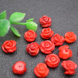 10pc Half Hole Red Sea Bamboo Coral Rose Flower Beads for Stud Earrings making