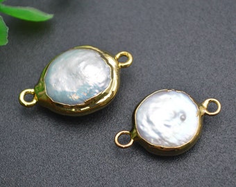 Gold plating Natural White Pearl Coin Beads Two Loops Jewelry Connectors Bracelet Charms