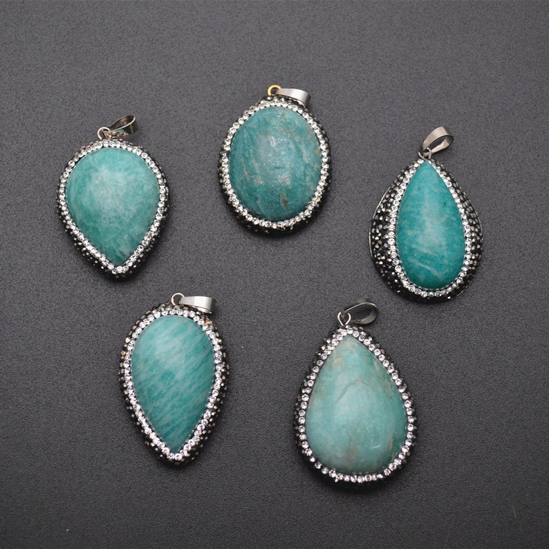 1pc Natural 30~40mm Amazonite Cabochon Stone Pendant Paved Black Crystal beads around Fashion jewelry making materials