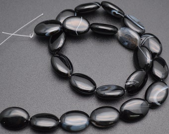 13x18mm Banded Natural Black Onyx Agate Flat Oval Stone Loose Beads