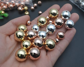 100pc Metal Round Beads 8mm~20mm High Quality Rose Gold Silver Color Electroplating Brass Ball Spacer Loose Beads For Jewelry Making