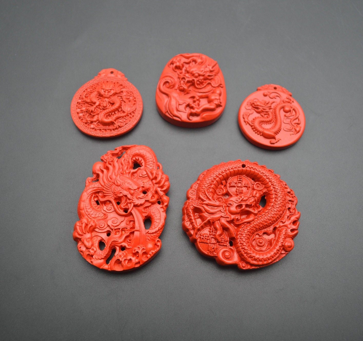 Cool Natural Red Cinnabar Carved Chinese Loong Lucky Dragon