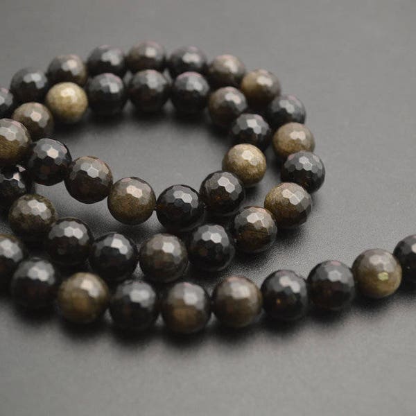 4mm~12mm Natural Faceted Gold Black Obsidian Stone Round Loose Beads