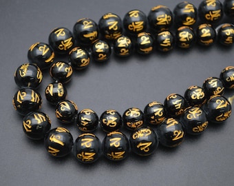 Gold Words Carved Om mani padme hum Black Onyx Agate Mantra Stone Round Beads 8mm 10mm 12mm 14mm