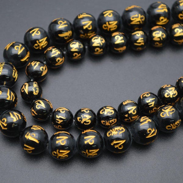 Gold Words Carved Om mani padme hum Black Onyx Agate Mantra Stone Round Beads 8mm 10mm 12mm 14mm