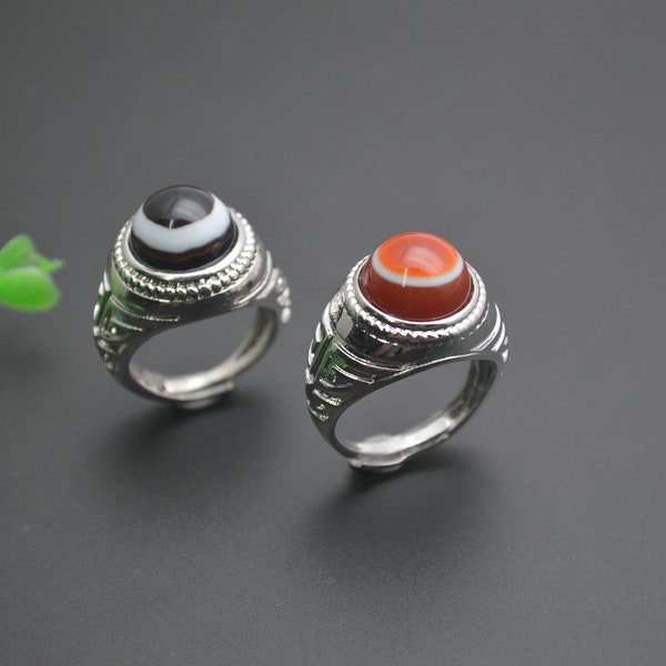 1pc Rings Natural DZI Eye Veins Agate Stone Cabochon Adjustabale Rings For Man Woman Tibetan Jewelry