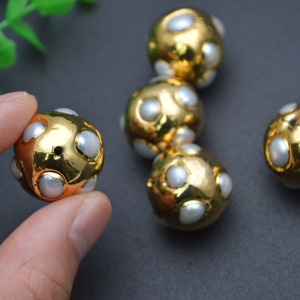 Gold plating Pearl Beads paved 20mm Big Round Ball Beads for Jewelry making