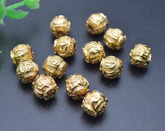 20pc 18k Gold plating Metal Copper Buddhist Mantra Round Beads DIY Jewelry making 8mm 10mm 12mm Om mani padme hum