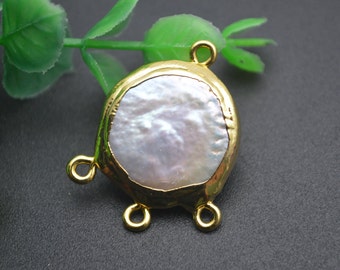 1pc Gold plating Natural White Pearl Coin Shape Jewelry Connectors for 3 Rows Necklace making