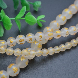 6mm 8mm 10mm Carved Buddhist om mani padme hum Words Mantra White Agate Stone Round Beads