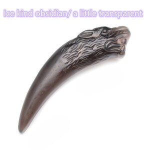 Carved Natural Ice Kind Black Obsidian Stone Wolf Head and Teeth Pendant