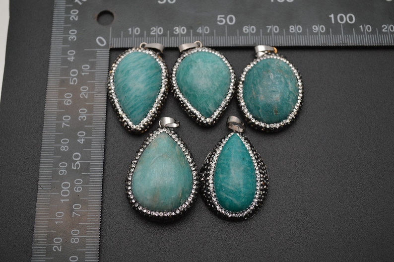 1pc Natural 30~40mm Amazonite Cabochon Stone Pendant Paved Black Crystal beads around Fashion jewelry making materials