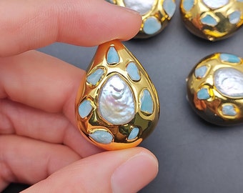 Gold plated Larimar Stone Chips Beads Paved White Pearl Big Drop Beads for Jewelry making