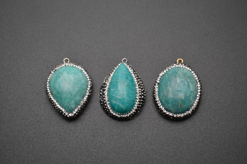 1pc Natural 30~40mm Amazonite Cabochon Stone Pendant Paved Black Crystal beads around Fashion jewelry making materials