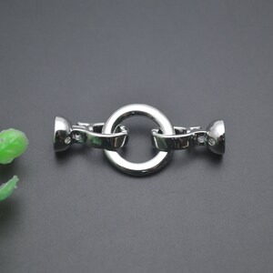 May include: A shiny silver clasp with a circular central ring and two rounded end pieces. The clasp is set against a dark grey background. A small green plant is in the lower left corner of the image.