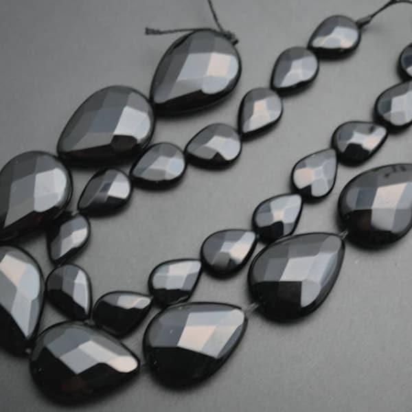 Faceted Natural Pure Black Onyx Agate Flat Drop Pear Loose Beads Jewelry Findings 8x12mm 10x14mm 13x18mm  15x20mm 18x25mm