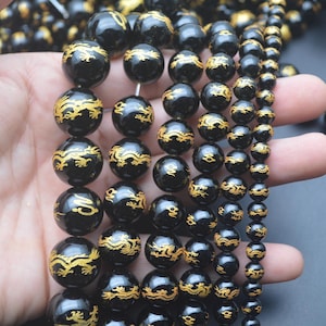 1strand Carved Golden Chinese Lucky Dragon Veins Black Onyx Agate Round Loose Beads Jewelry Making Supplies 6mm 8mm 10mm 12mm 14mm 16mm