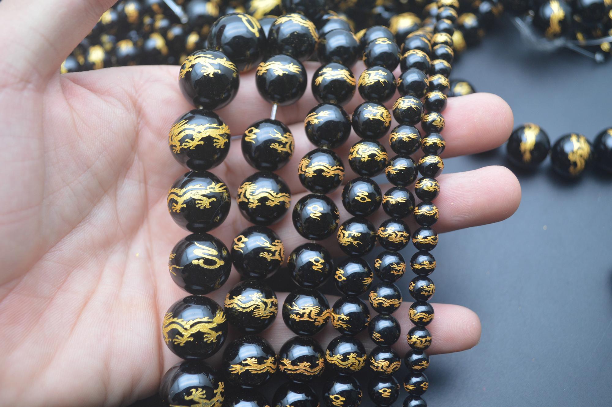 1strand Carved Golden Chinese Lucky Dragon Veins Black Onyx Agate