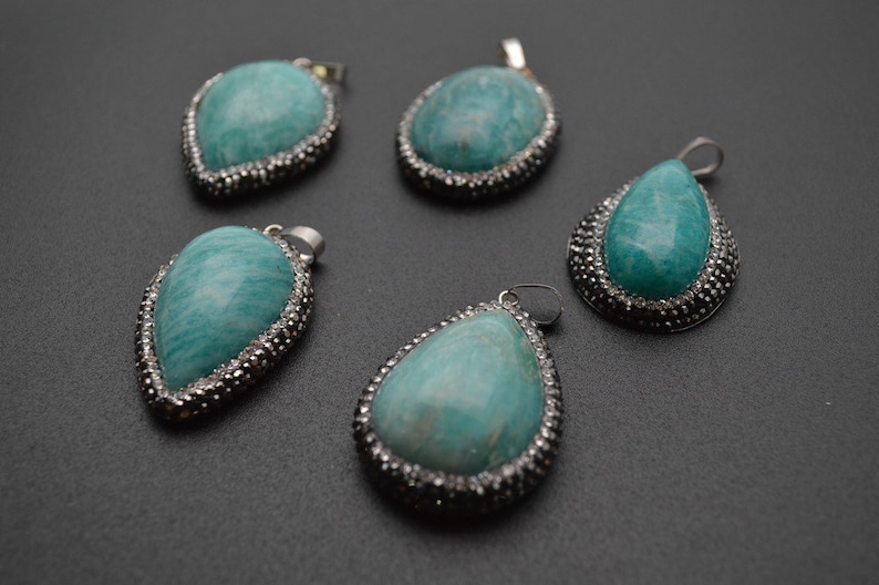 1pc Natural 30~40mm Amazonite Cabochon Stone Pendant Paved Black Crystal beads around Fashion jewelry making materials